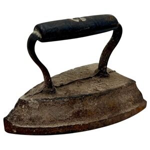 Antique Cast Iron Sad Iron Primitive Wood Handle Laundry Tool Vintage Decor
